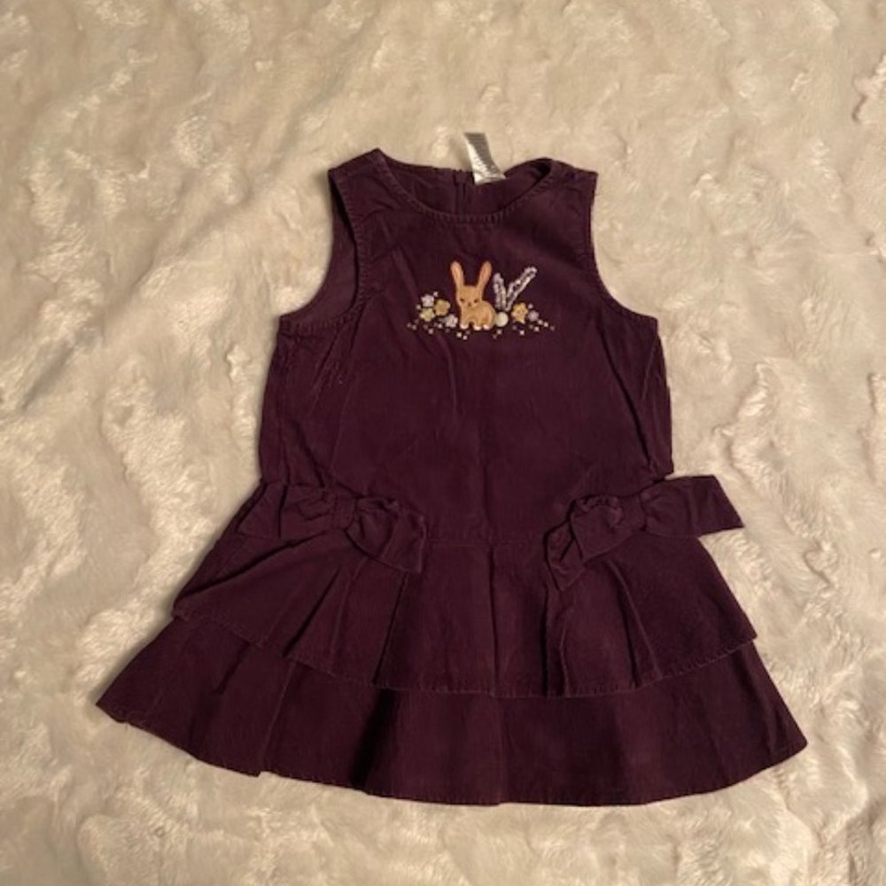 Gymboree Girls Corduroy Jumper Dress Size 2T Purple Wine Bunny Floral Ruffle
